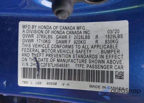 2020 Honda Civic Sport from USA, damaged, VIN 2HGFC2F87LH546581